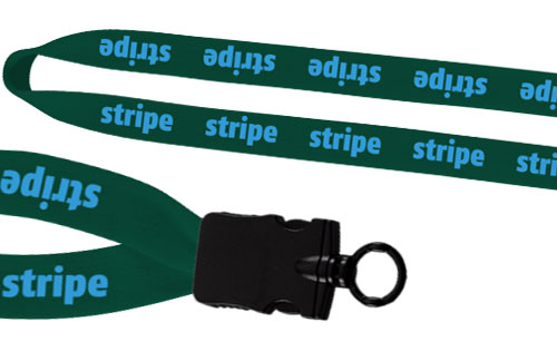 3/4 inch forest green lanyard with electric blue imprint, snap buckle finish.