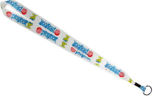 7/8 inch satin ribbon lanyard with full color (dye-sublimated) printing, a metal crimp and attachment fastener.