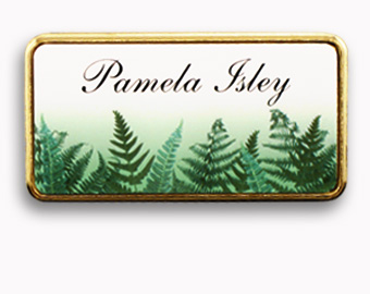 1.5x3 inch full color name tags with the image extending off the edge, and a gold frame