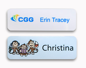 Examples of two digitally printed name tags