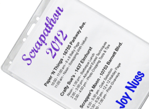 Extra large badge holder with a printed event agenda on the insert.