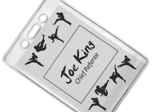 A larger badge holder featuring a white, printed insert.