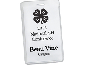 Vertical badge holder with a punched slot to use with a lanyard. Insert inside has a logo and printed text.