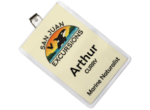 Vertical badge holder with a colored logo and text printed on a buff color insert.