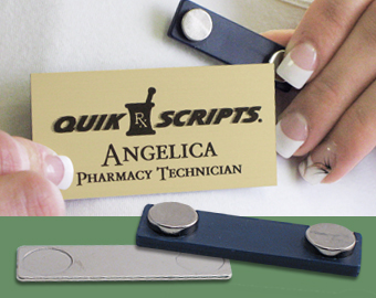 Laser engraved magnetic name tags feature deluxe magnetic fasteners.