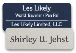 Name tags produced using a stock template, plastic and metal