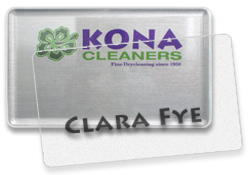 3 part reusable badge, multicolor logo, clear printed inserts.