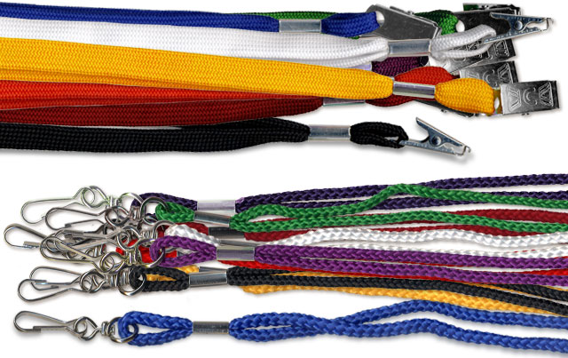 Blank badge ribbons, flat woven with clip and braided cord with j-hook