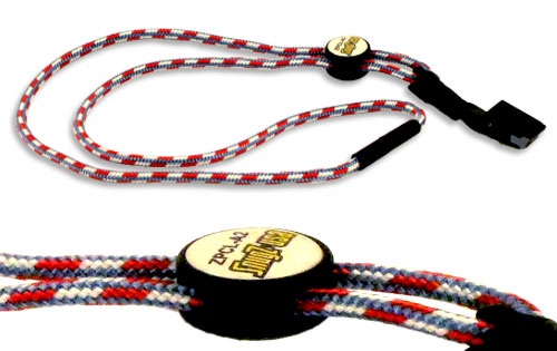 Black, gray and yellow colored braided power cord lanyard with a round slider customized with a logo.