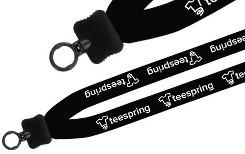 Black lanyard with white imprint, 1x16 inches, clamshell finish with plastic o-ring attachment.