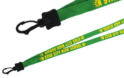 Yellow silkscreen imprint on a 1/2 inch lime-green lanyard with clamshell finish