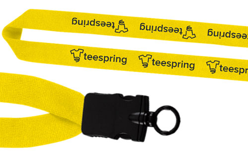 Yellow lanyard with black imprint, 1x16 inches, snap buckle finish with plastic o-ring attachment.