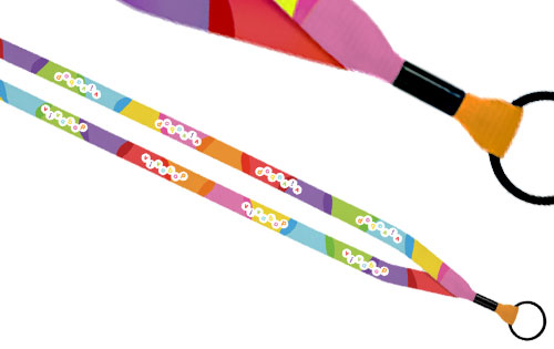 Dye sublimated lanyard, color printing, 1/2 inch width crimp finish.