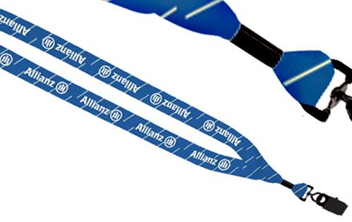 Crimp finish on 3/4 inch dye sublimated lanyards, full color printing.