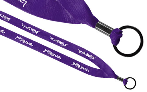 3/4 inch wide purple woven polyester lanyard with crimp finish and metal attachment, white silkscreen printing.