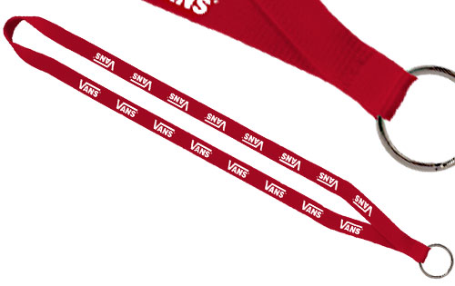 Woven polyester lanyard with sewn finish and silver attachment, silkscreen printing, 1/2 inch width.