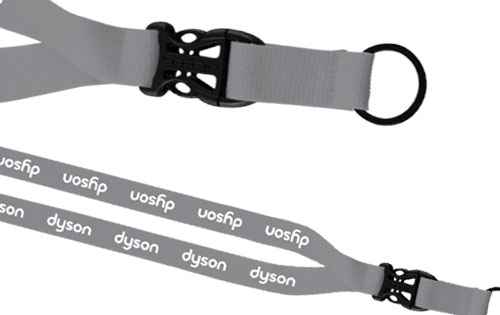 3/4 inch woven polyester lanyard with a buckle slide release and split metal ring.