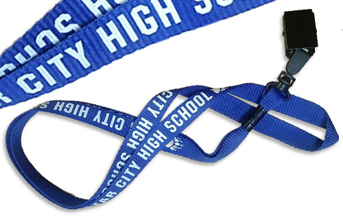 Blue, polyester lanyard with a white printed logo.