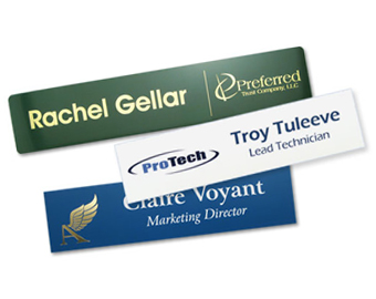 Engraved plastic and metal name tags for offices and other businesses with company logos.