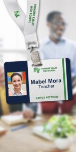 Photo ID Badge with a parent or teacher picture, name and title.