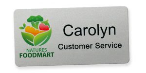 UV printed logo on a metal name tag that shows how to upgrade a badge for any business.