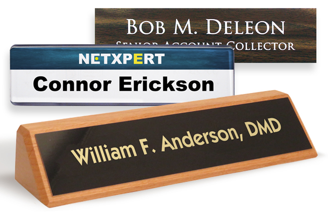 Name plate options for walls and desks in different businesses.