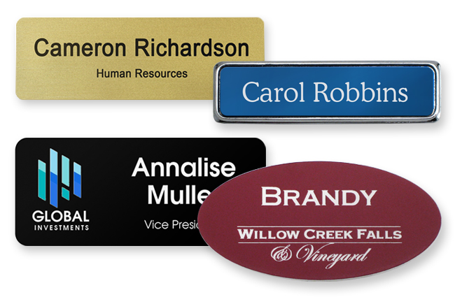 Classic and Logo Name Tags from Name Tag, Inc. that provide examples of identification for different industries.
