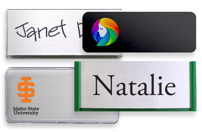 Different reusable name badges that can be used in different business types.