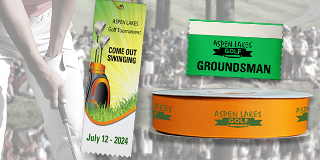 Custom top ribbons, badge ribbons and ribbon rolls with the same event logo.
