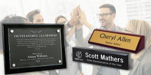 Award plaques, executive desk wedges and acrylic blocks with titles and text to honor outstanding achievements.