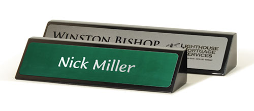 Black piano finish executive name plates in two sizes, 8.5x2 and 10.5x2 inches.