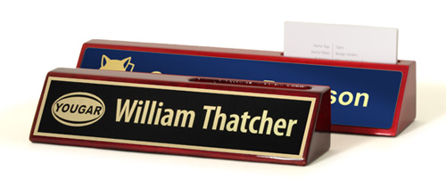 Red alder desk nameplates with a slot to hold business cards in two sizes 2x2x8.5 and 2x2x10.5 inches.