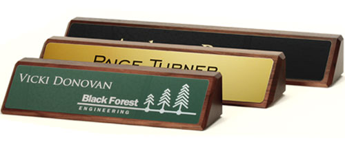 Walnut executive name plates in three sizes, 8.5x2, 10.5x2 and 12.5x2 inches.