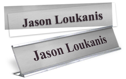 Reusable Name Plates include a metal desk holder or wall mount, backplate, and lexan cover. 2x10 inches, inserts are purchased separately
