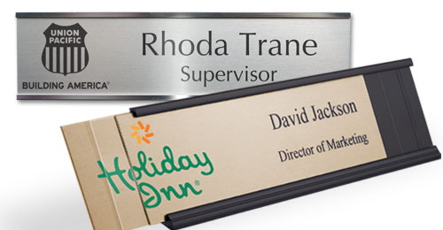 2 examples of Reusable Name Plates, one showing how the different components are assembled.