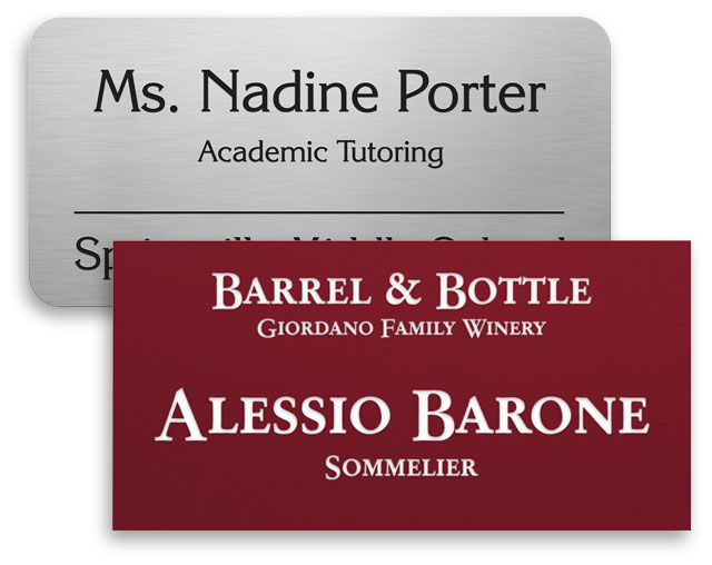 Plastic name tags, 1.5x3 inches, custom text design