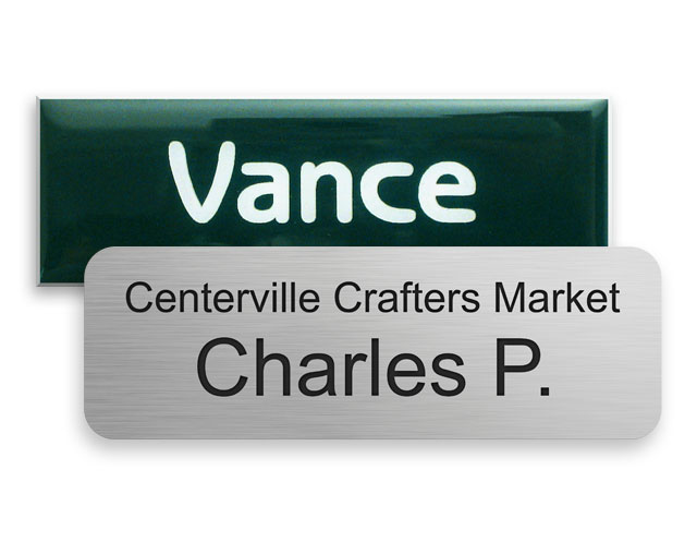 Plastic name tags, 1x3 inches, custom text design