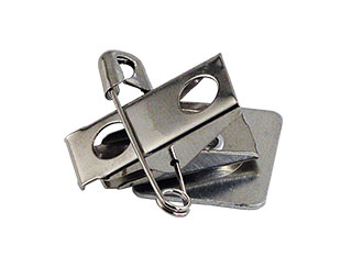 Combination bulldog clip and pin fastener for name tags.