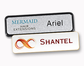 Examples of two name tags with logos that are UV printed in full color.