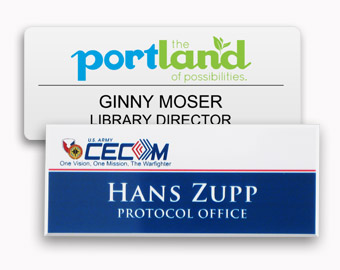 Examples of two digitally printed name tags