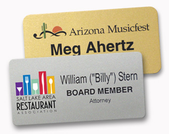 Metal name tags with color logos, UV printed. 1.5x3 inches