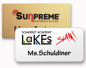 Two examples of name tags with a UV color printed logos.