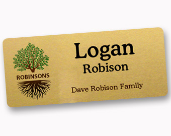 An example of a metal name tag with a UV color printed logo.