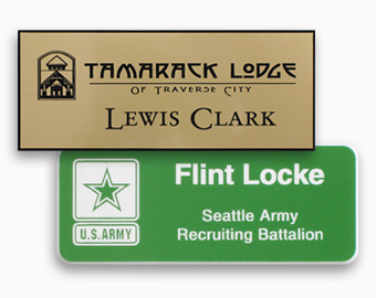 Example of two laser engraved name tags with a logo.