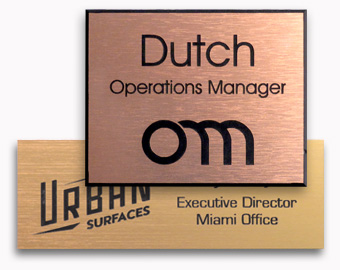 Examples of name tags witn engraved logo and text.