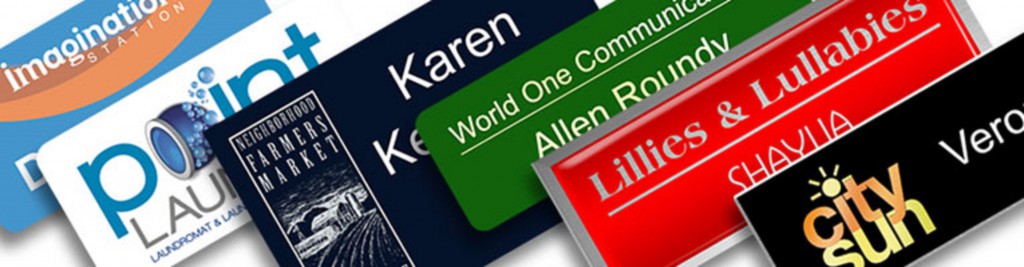 Multiple styles of name tags with logos and first and last names that help show name tag etiquette.