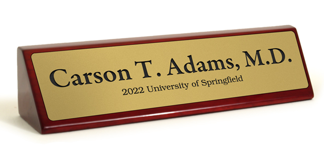 8.5" Rosewood Desk Wedge name plate engraved for a recent graduate.