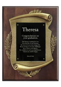 9x12" Genuine Walnut Plaque With Metal Scroll Frame with an engraved plate that will be used as a graduation award.