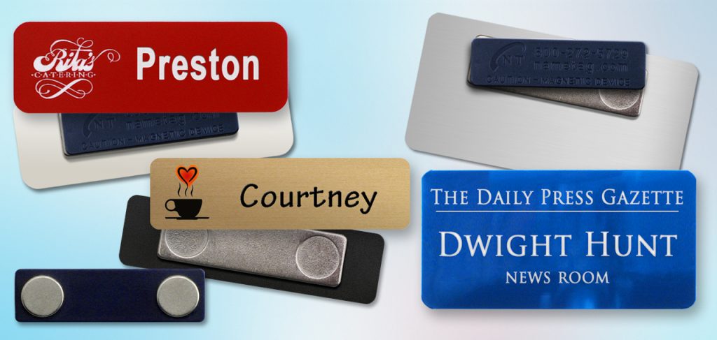 Multiple personalized name tags all with deluxe magnets for fasteners.