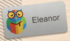 Owl graphic and name on a name tag.